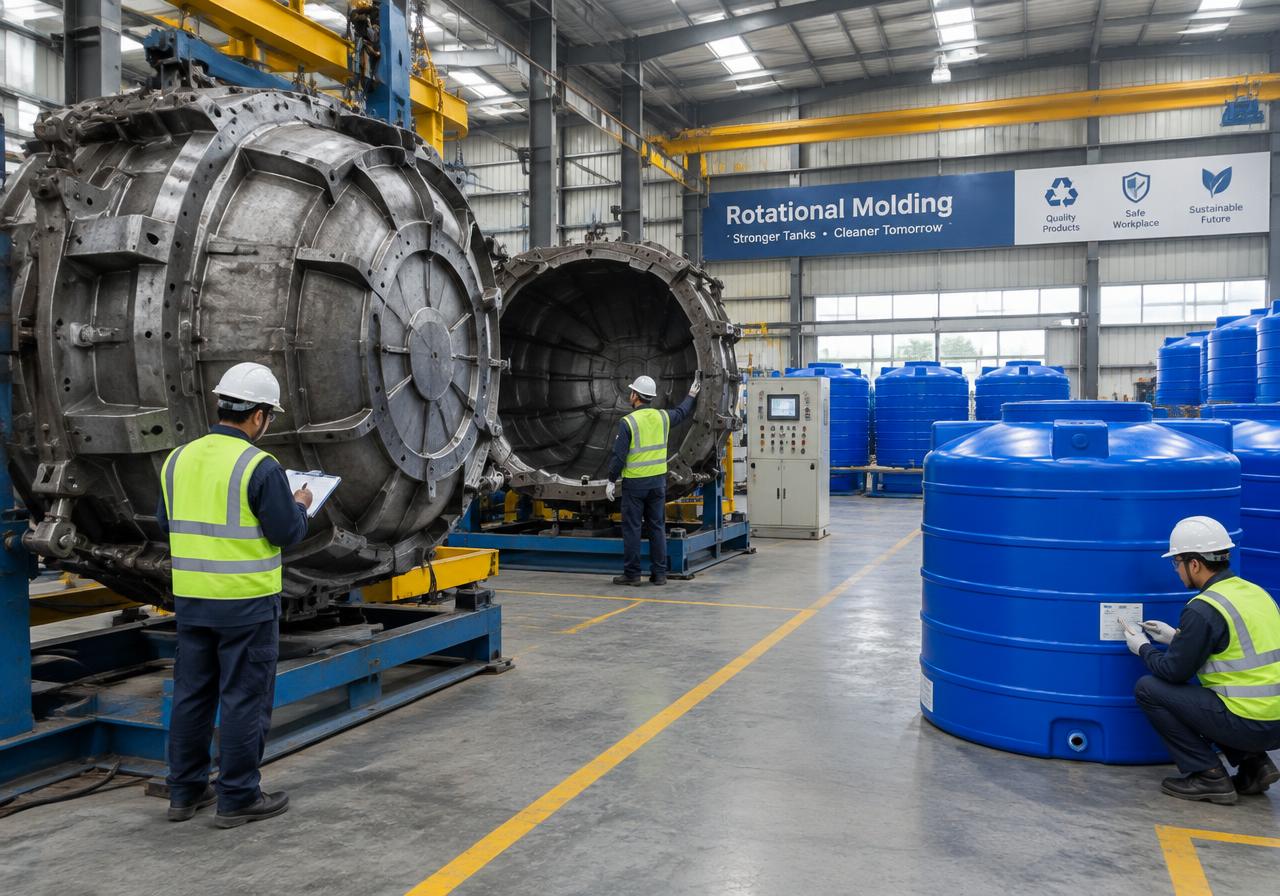 Rotational molding equipment and finished blue tanks being inspected