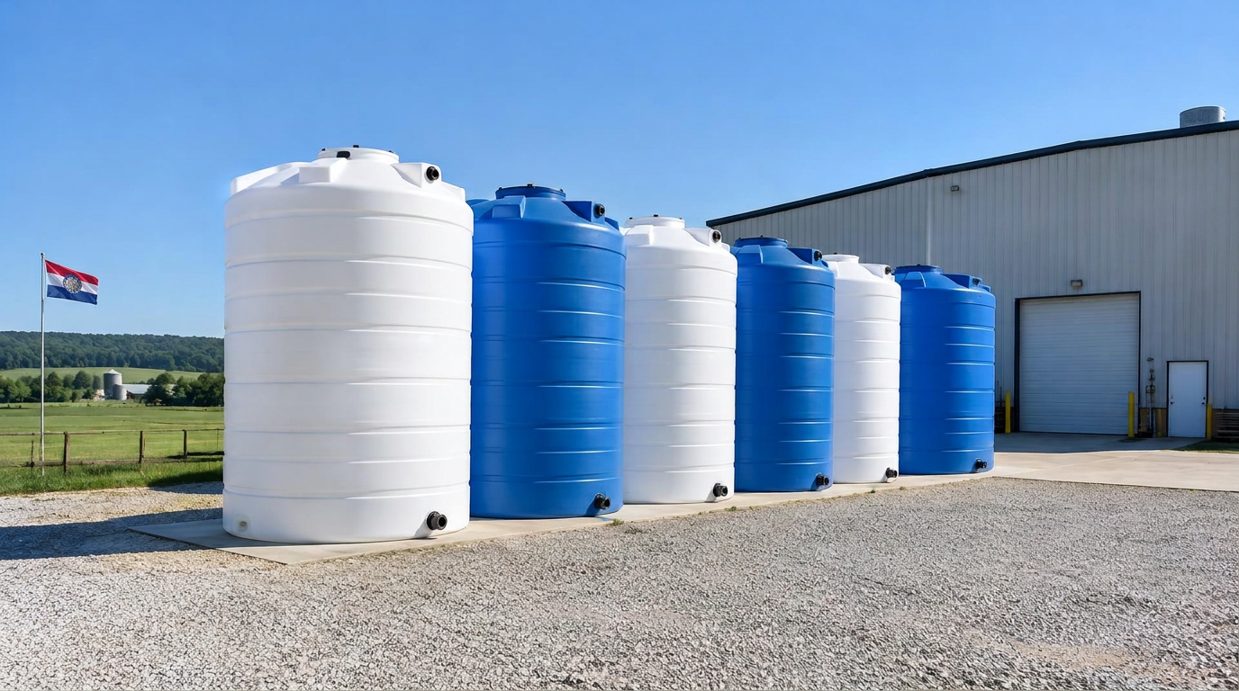 White and blue plastic water storage tanks outside a manufacturing facility